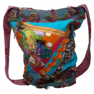 Bohemian, patchwork, whimsical, multi texture over the shoulder handbag
